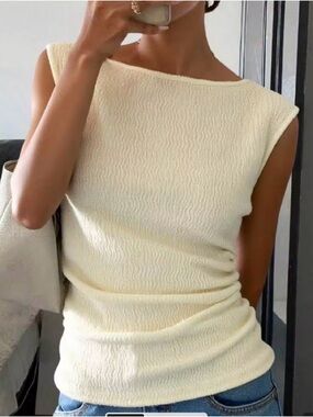 Boat Neck Cream Textured Tank Top